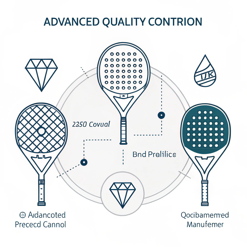 Minimal flat illustration of various padel racket shapes symbolizing advanced production.