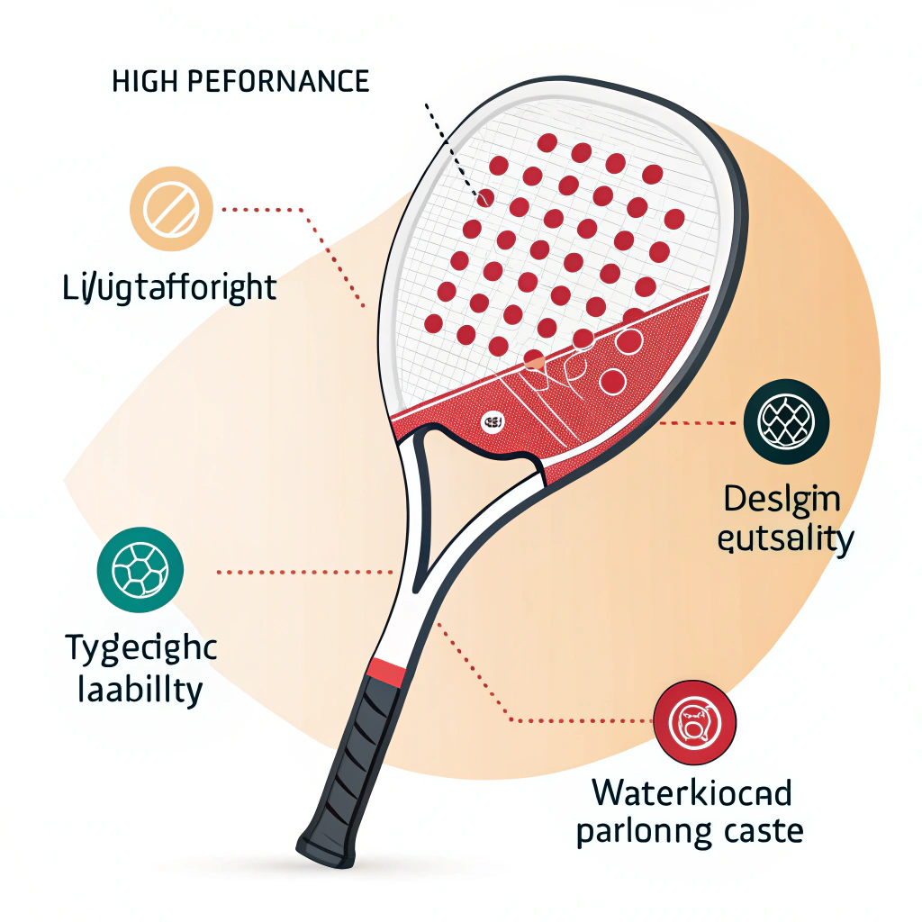 Minimalist 2D depiction of a futuristic, high-performance padel racket with engineering precision.