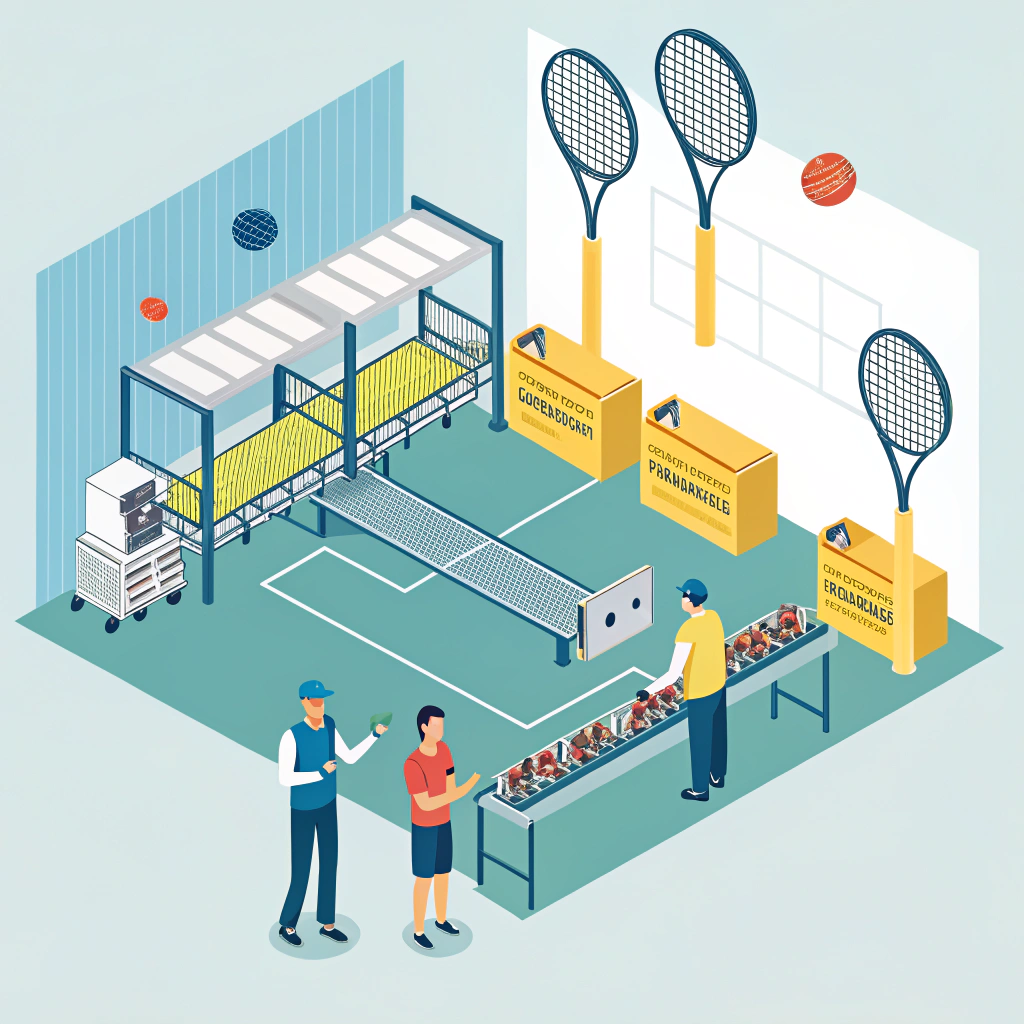 Minimal flat illustration of a padel racket factory with machinery and workers during an audit.