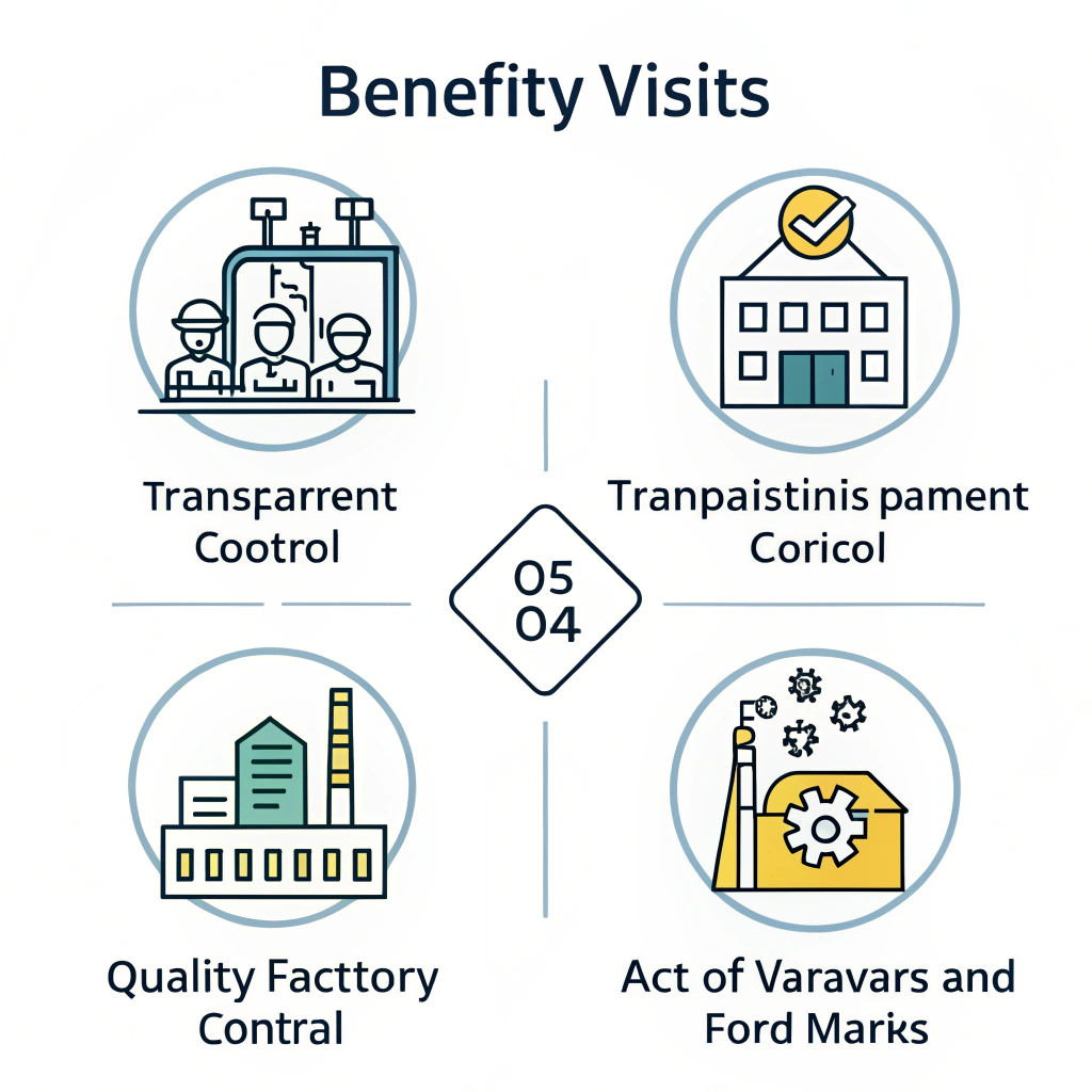 Minimal flat illustration with icons symbolizing quality, transparency, and customization benefits of factory visits