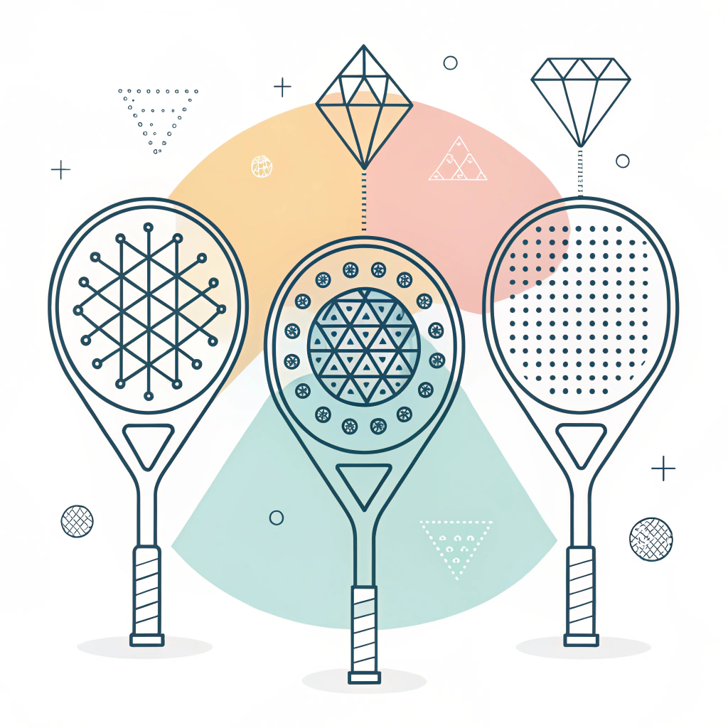 Minimalist flat design showcasing three abstract padel racket shapes with vibrant, simple elements.