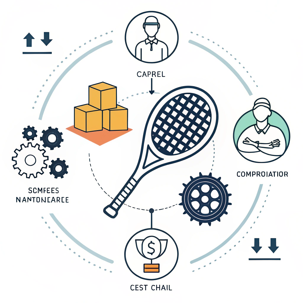 2D minimal illustration showing business success and procurement in padel racket manufacturing