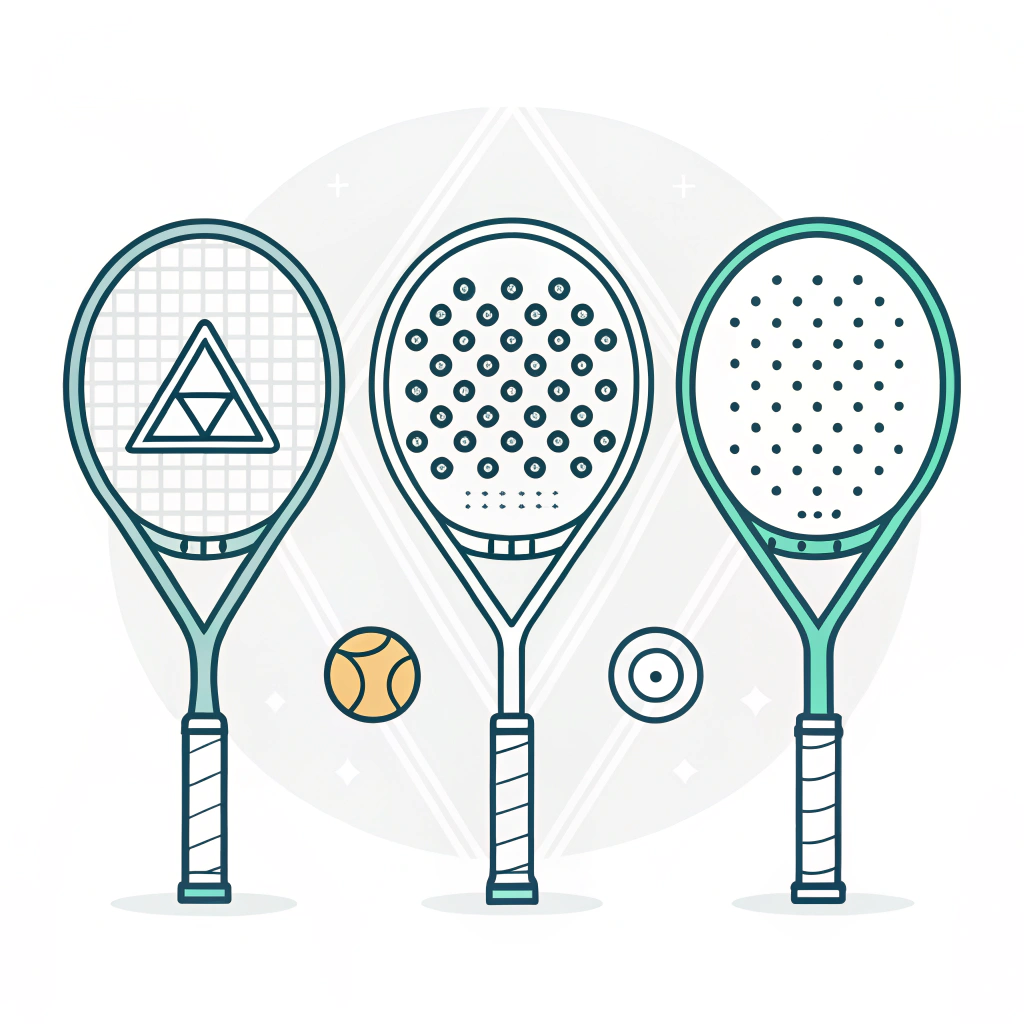 Minimalist illustration of three padel racket shapes in flat style.