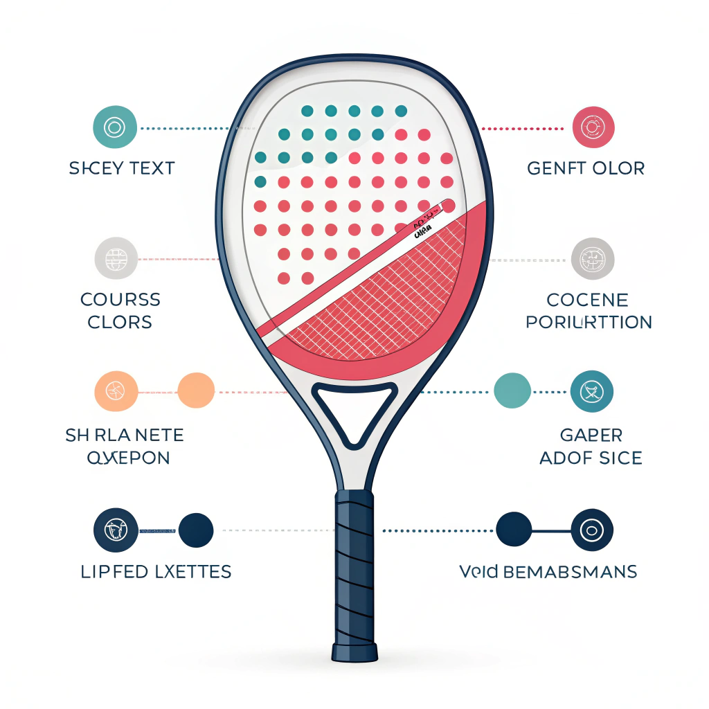 A 2D illustration of a customizable padel racket with vibrant design variations.