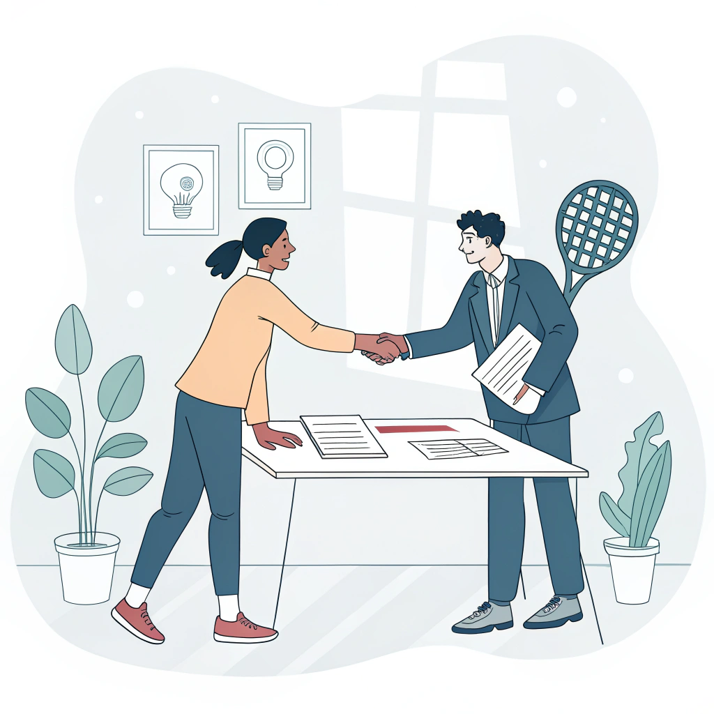 Minimalistic illustration of professionals shaking hands with a contract and padel rackets.