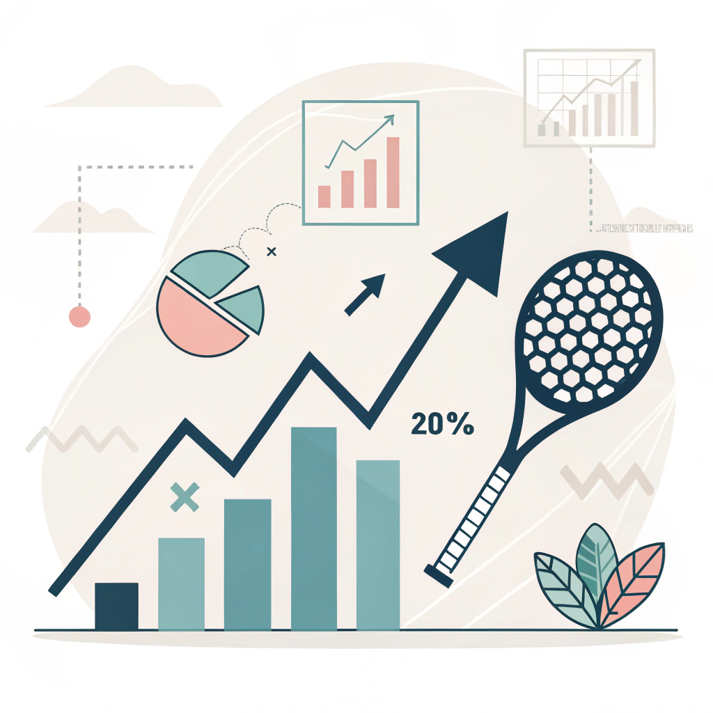 Minimalist illustration of digital success with rising arrows, charts, and padel racket elements.