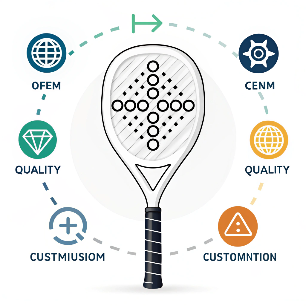 Minimalist 2D illustration of a sleek padel racket with abstract manufacturing elements and modern design.
