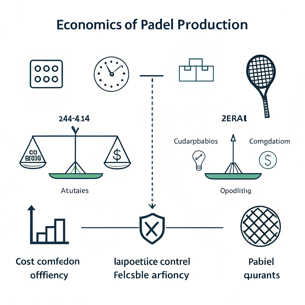 Minimal flat visual showing cost efficiency and production scheduling for padel rackets