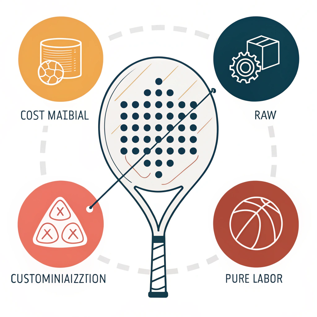 2D minimal illustration of padel racket with cost icons in flat design