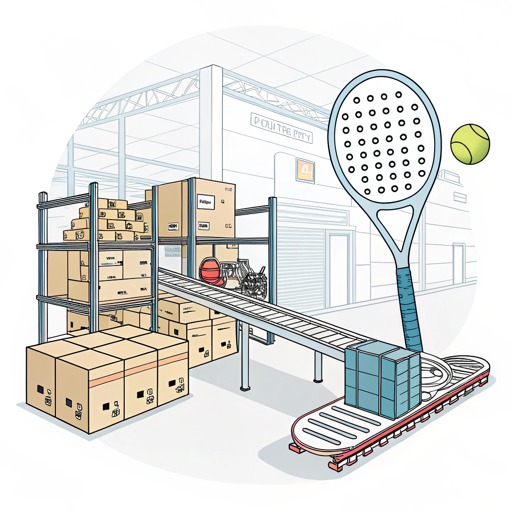 minimal flat art of warehouse with padel racket and sports gear in a global context