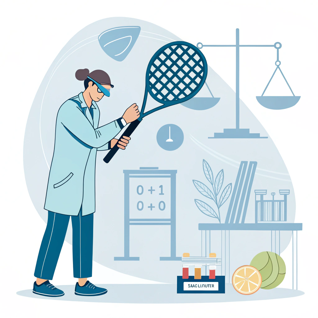 Minimalist illustration of a technician examining a carbon fiber padel racket in a modern setting