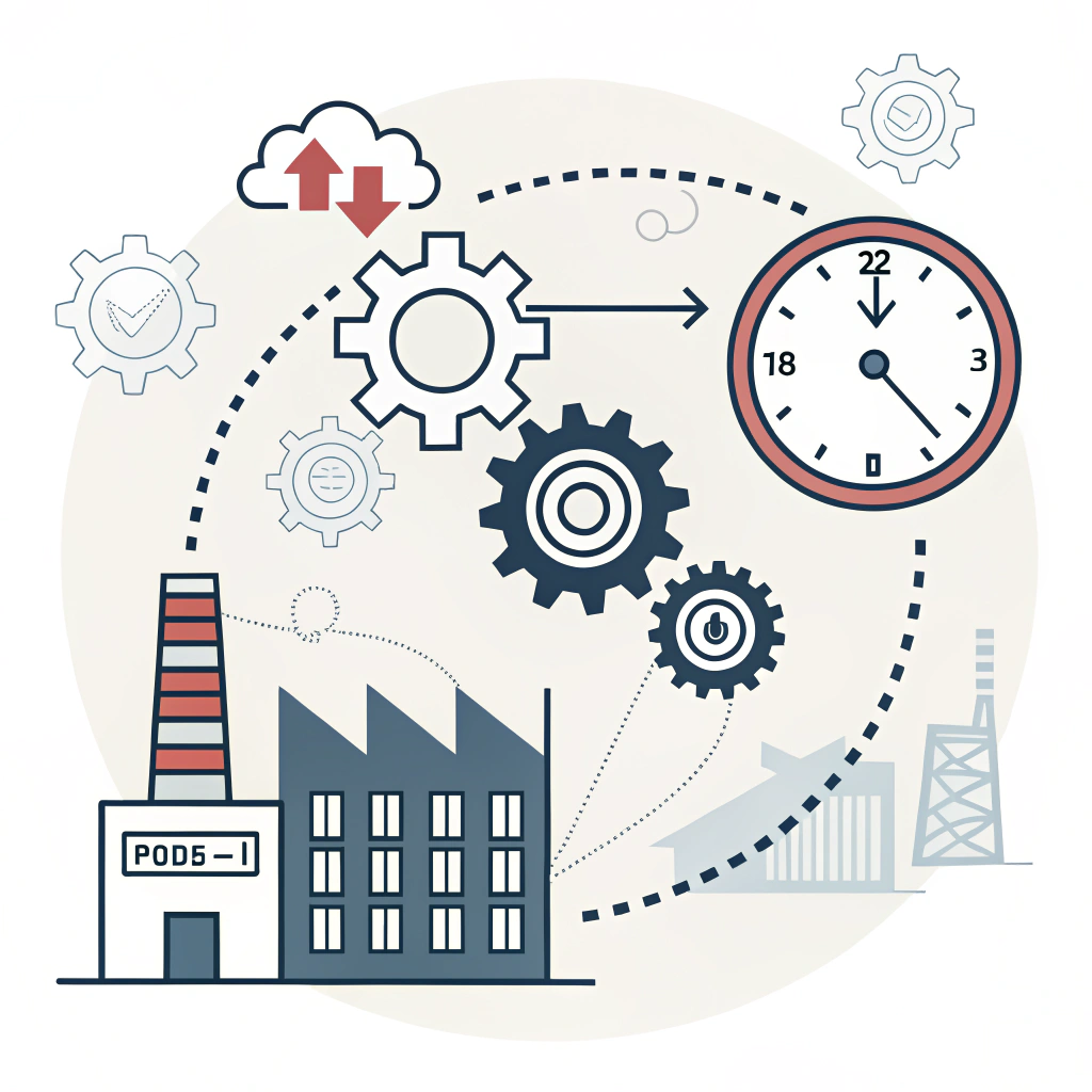 Minimalist illustration of an abstract, efficient production process and supply chain hub