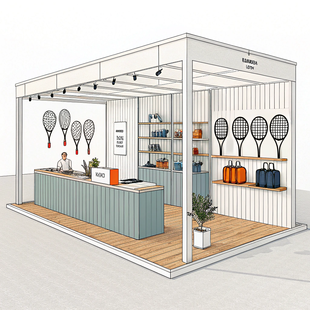 Minimalist 2D illustration of a pop-up shop showcasing padel equipment in a modern setting
