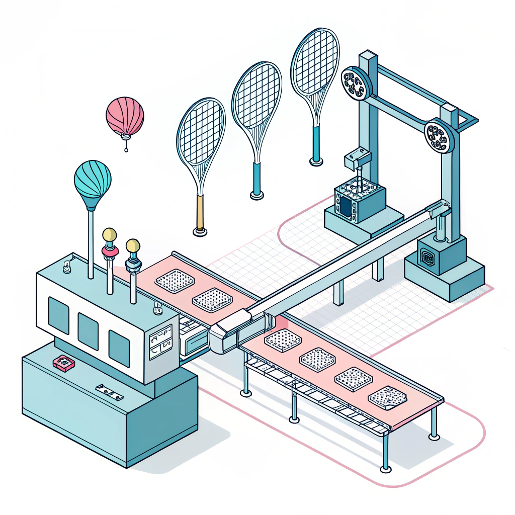 Minimalist illustration of a factory line producing teardrop padel rackets with carbon fiber