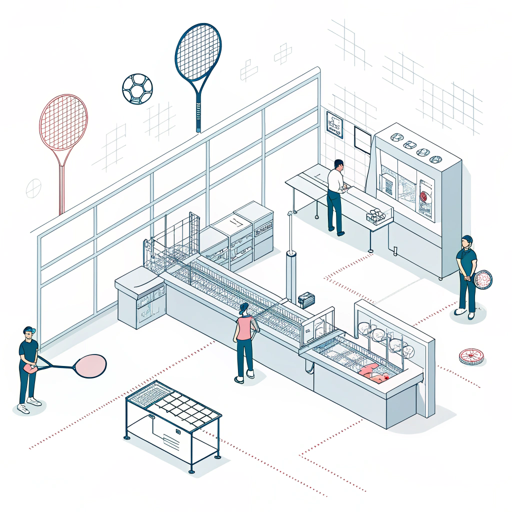 Minimal flat illustration of a modern padel racket manufacturing facility with quality control icons.