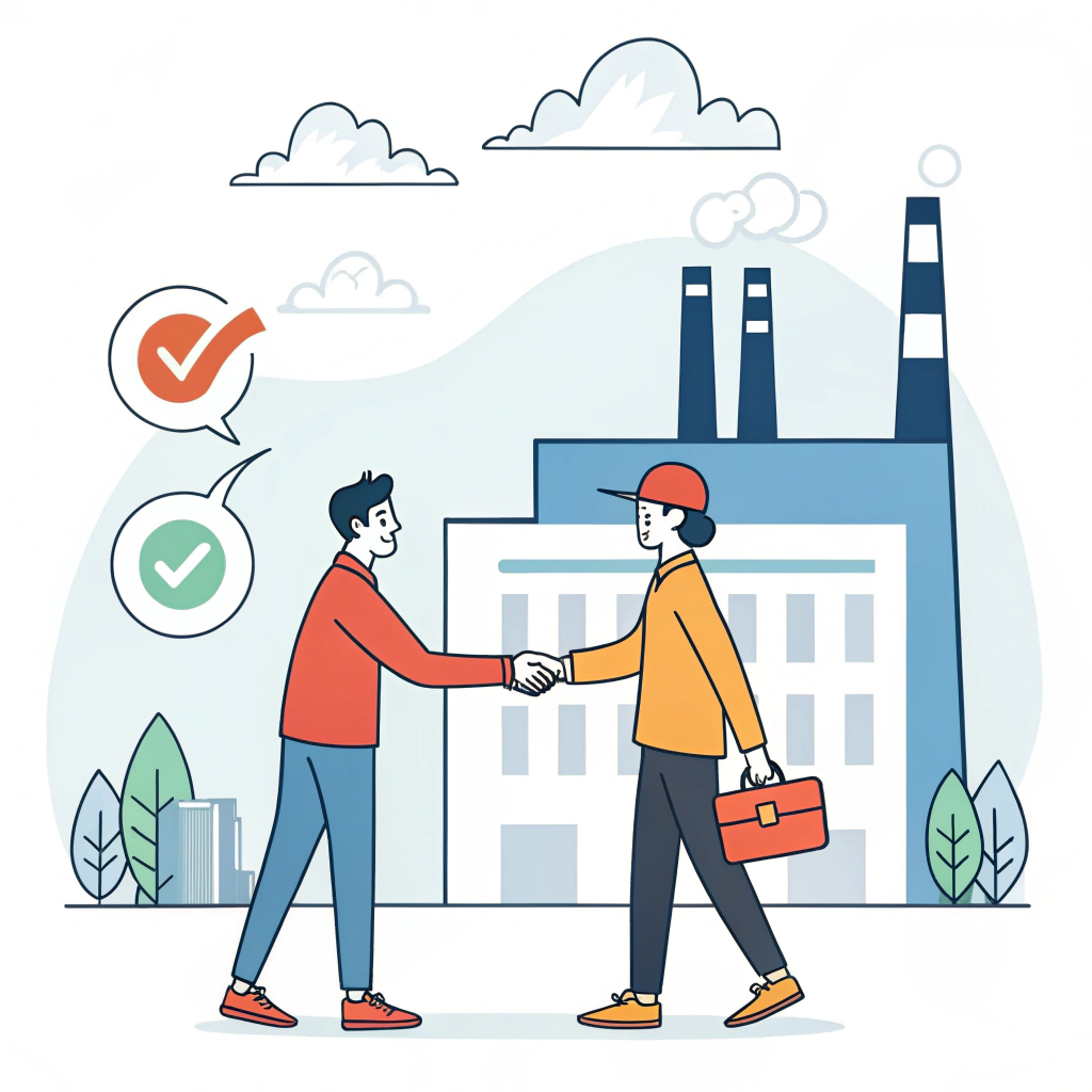 Minimal flat illustration of two characters shaking hands in a factory setting highlighting partnership and quality control