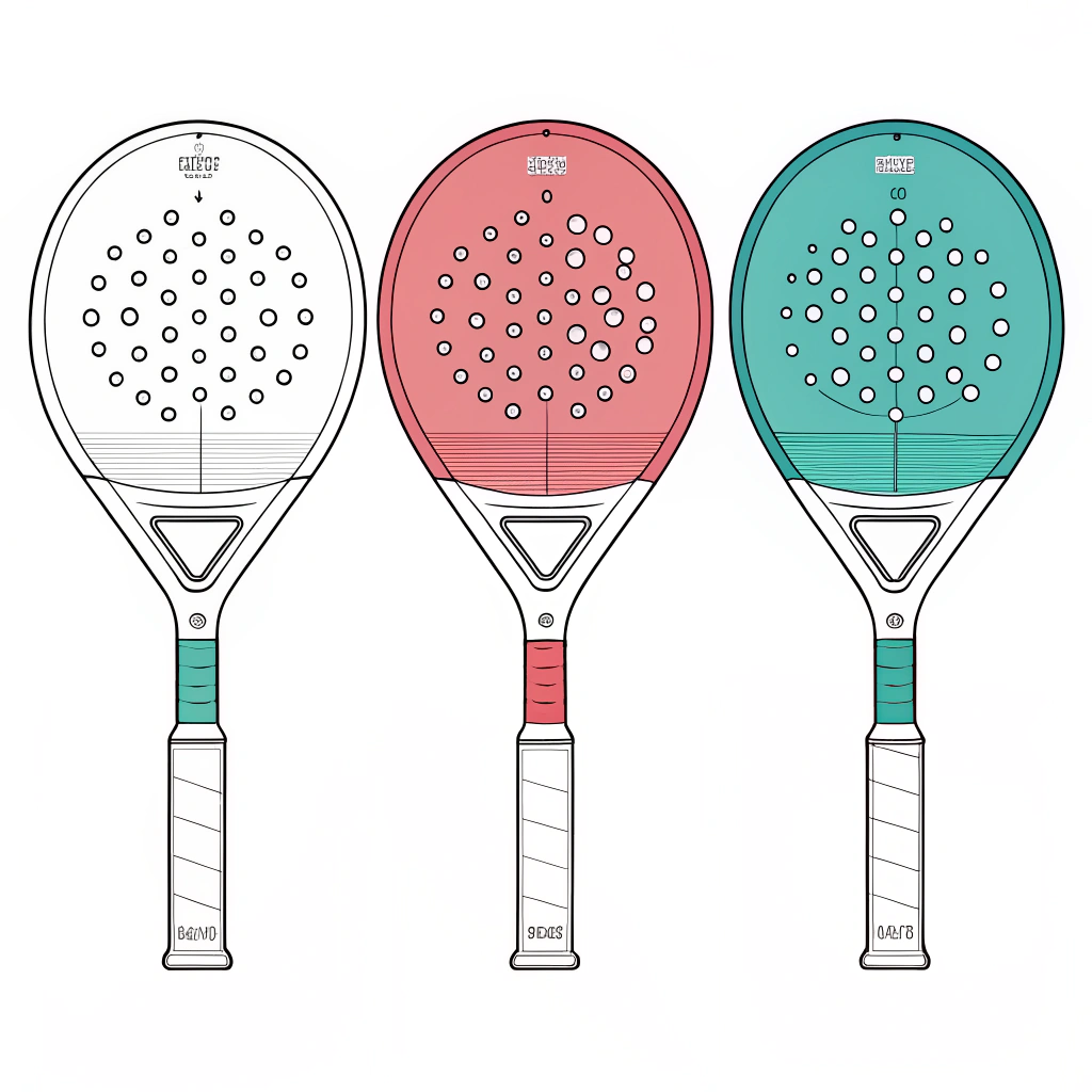 "Minimalist 2D illustration of three padel racket shapes in custom vibrant style"
