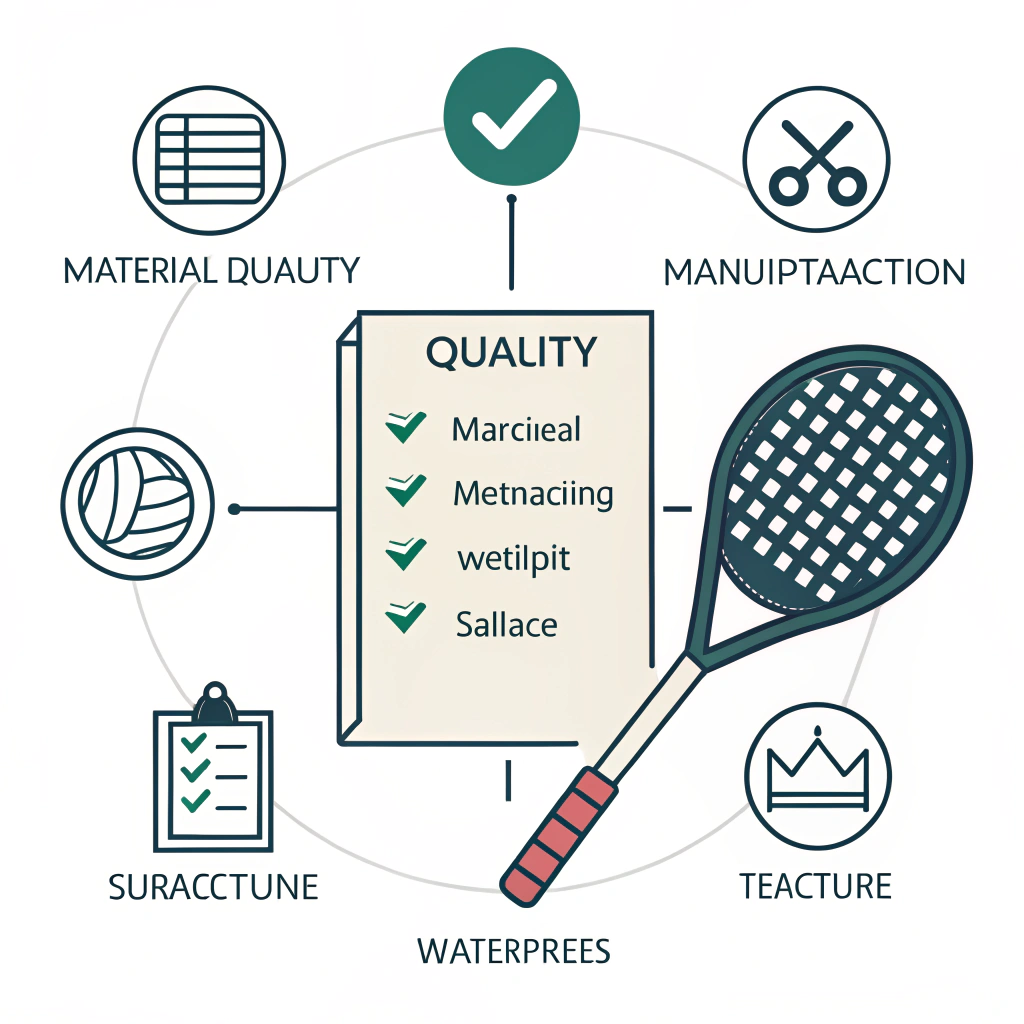 Flat vector icons representing key quality indicators for padel racket evaluation.
