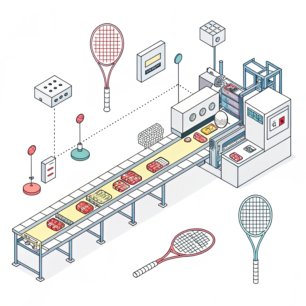 Simple 2D illustration of a padel racket production process with flat design.