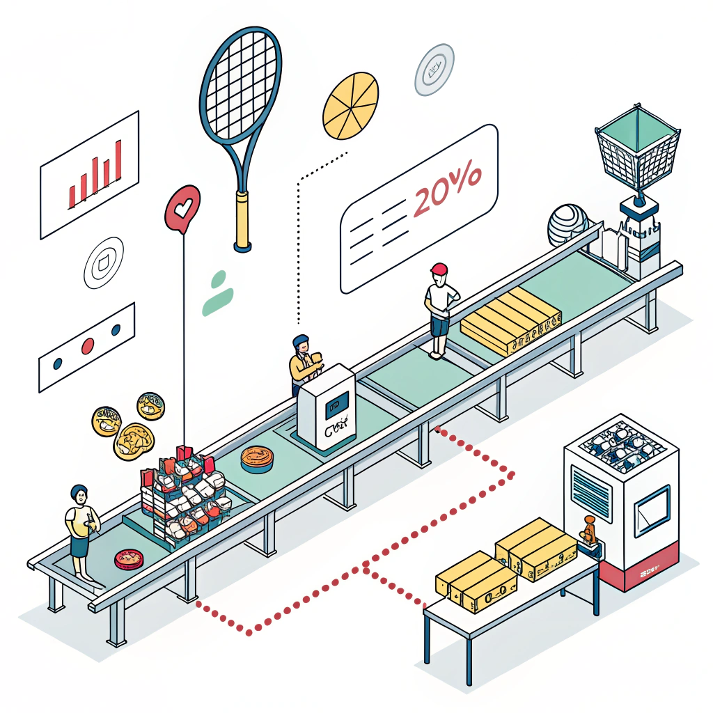 Minimal flat illustration showing padel racket production and quality control steps.