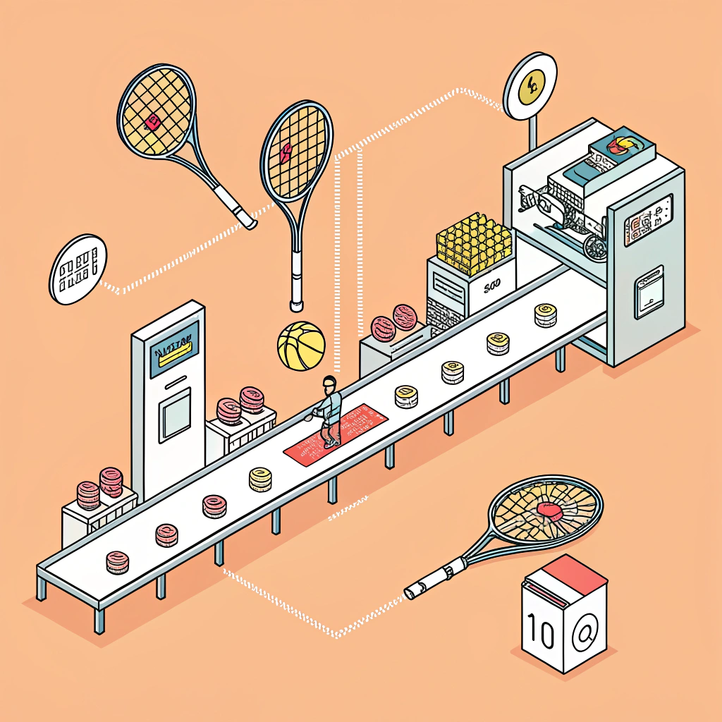 Minimalist 2D depiction of an advanced padel racket production line