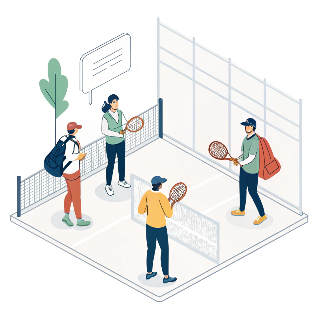 Minimalist illustration of a padel club community engaging in a training session with simplified figures
