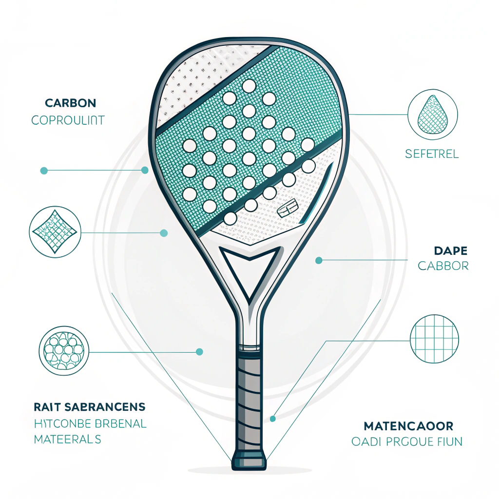 Minimal 2D illustration of a futuristic padel racket with digital design elements.
