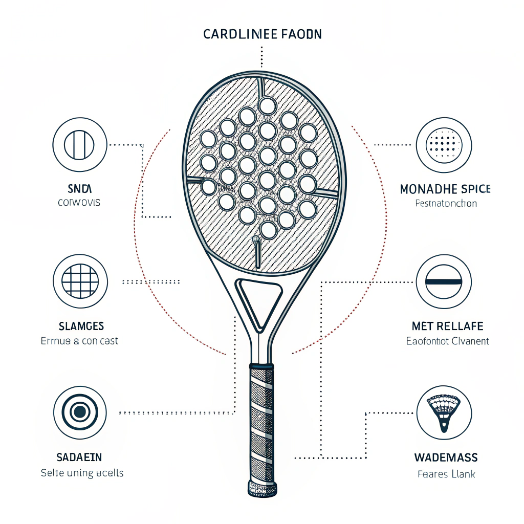 Minimalistic 2D exploded view of a padel racket with technical design elements