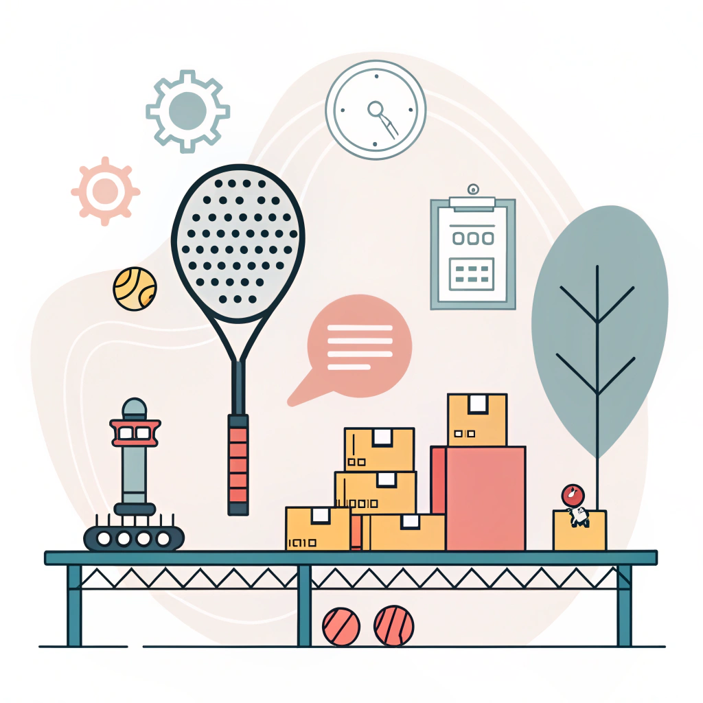 Minimal flat artwork of a padel racket in a sleek production and quality control setting.