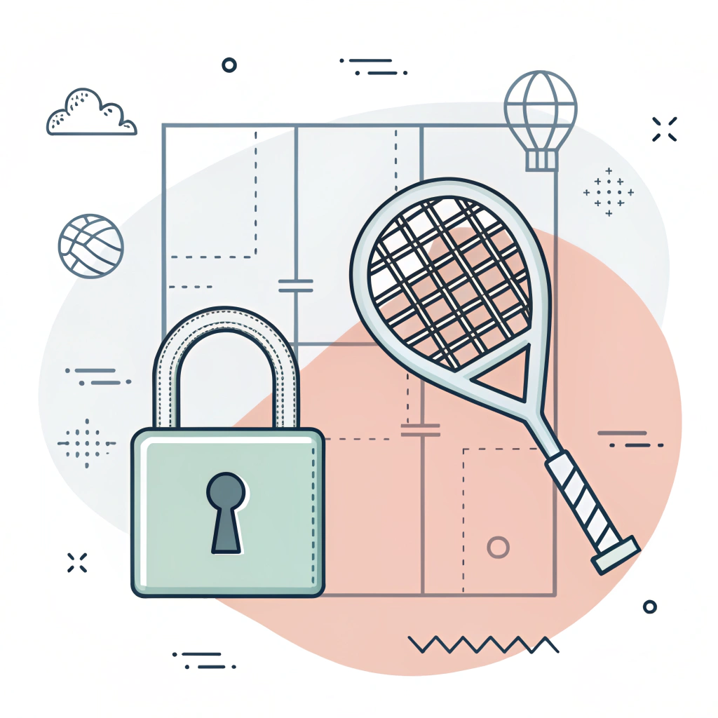 Minimalistic padel racket blueprint with a padlock symbol for IP protection.