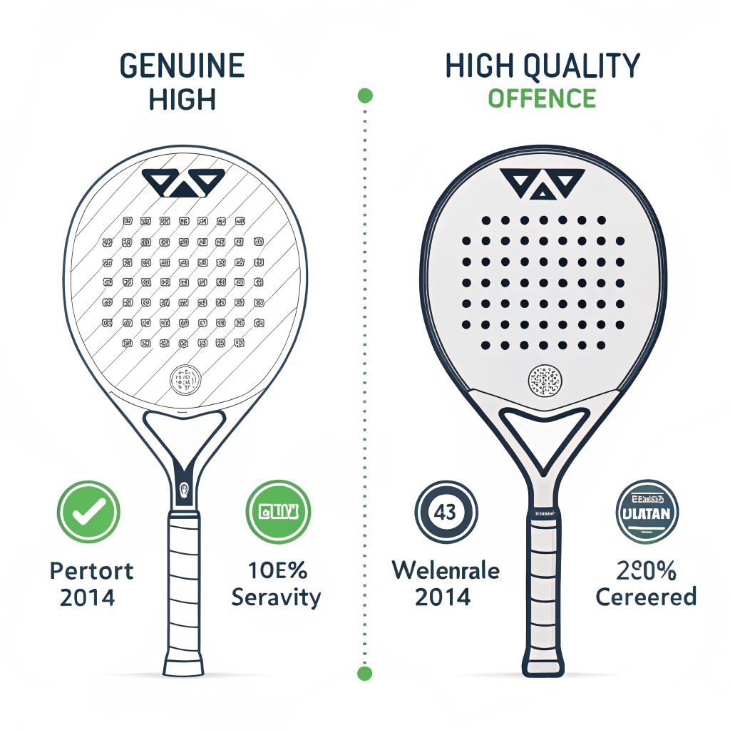 Minimal flat illustration contrasting genuine and counterfeit padel racket features