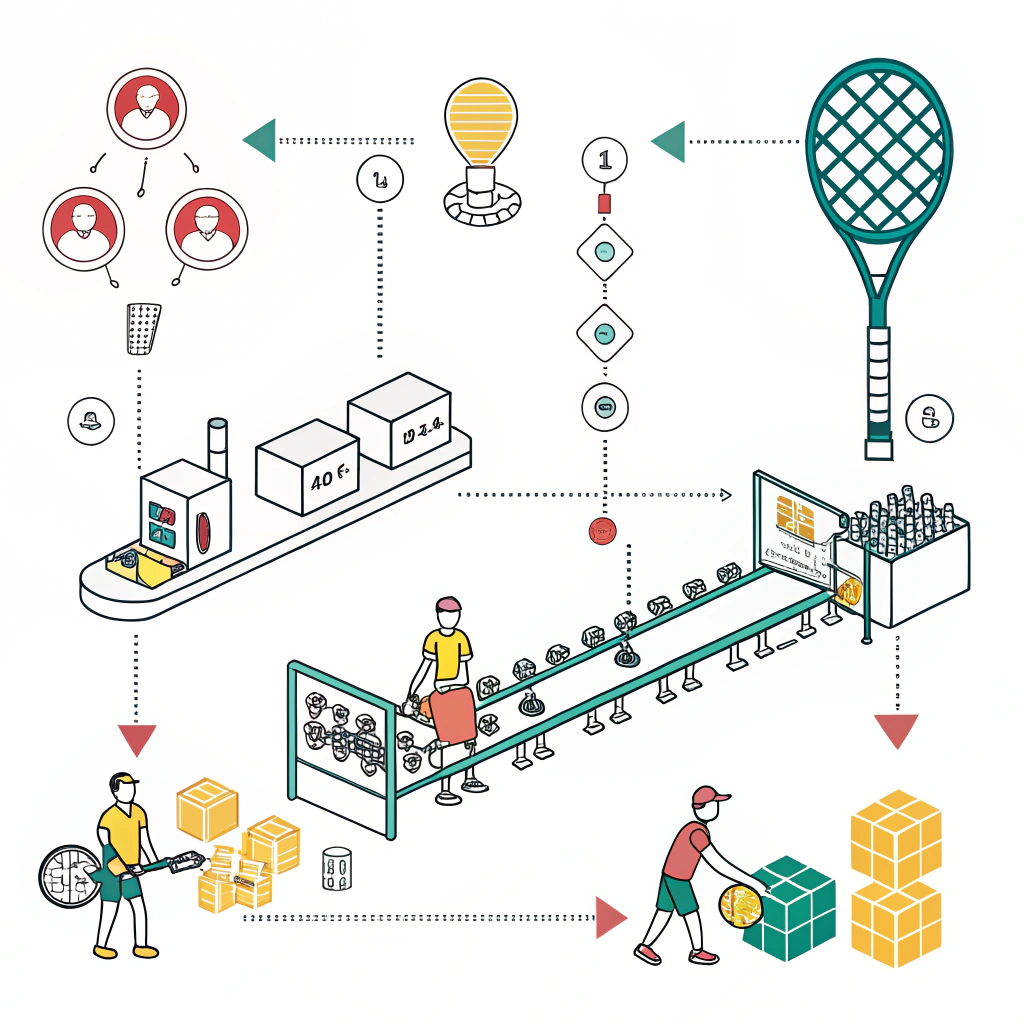 Minimalist artwork of a streamlined, modular padel racket production system