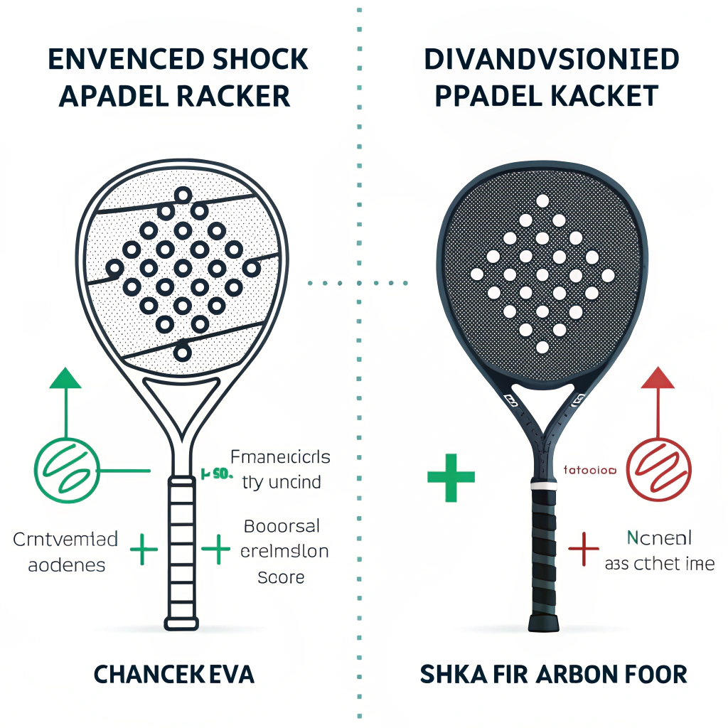 Minimal 2D split-design showing comparison between standard and advanced padel racket design.