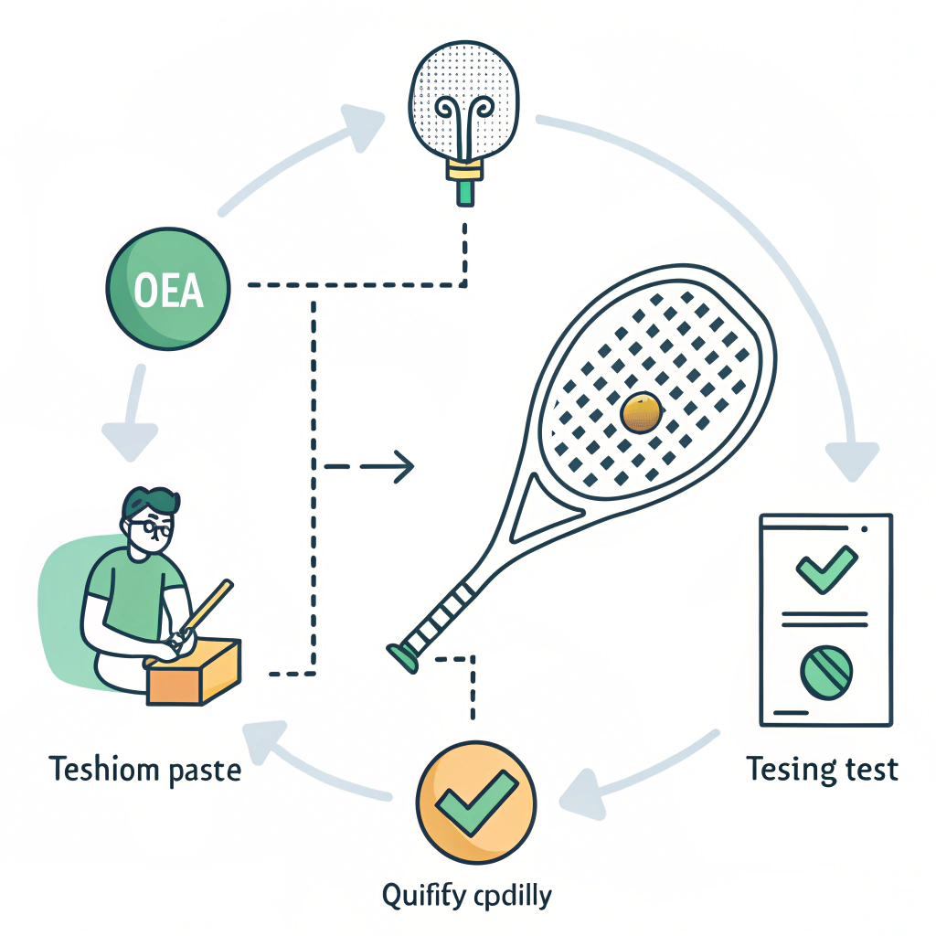 Flat illustration showing stages of padel racket prototyping and testing