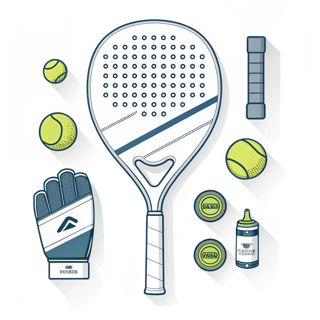 Minimalist illustration of a padel racket bundled with accessory elements in simple flat style