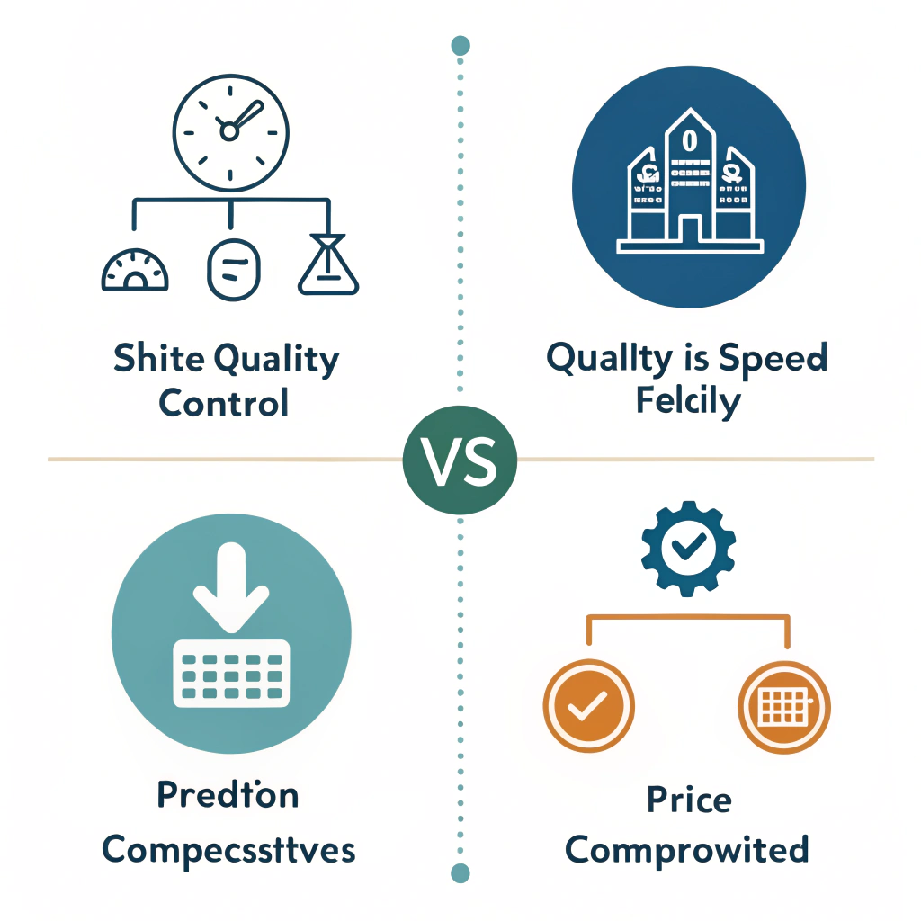 "Flat style illustration with icons representing manufacturing comparison criteria"