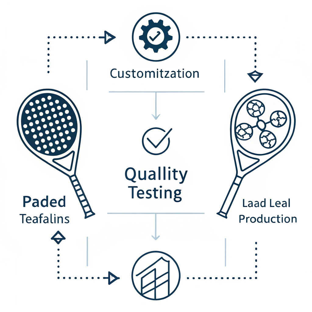 Minimal 2D illustration showing padel rackets with quality and process icons