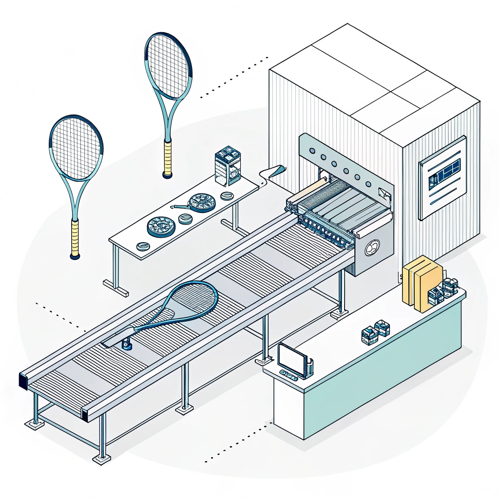 "Minimalist production line illustration for high-performance padel rackets."