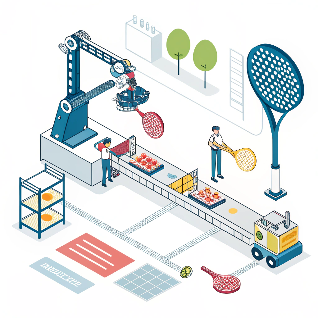 Minimalistic 2D flat design of advanced padel racket manufacturing process with robotics and quality control.