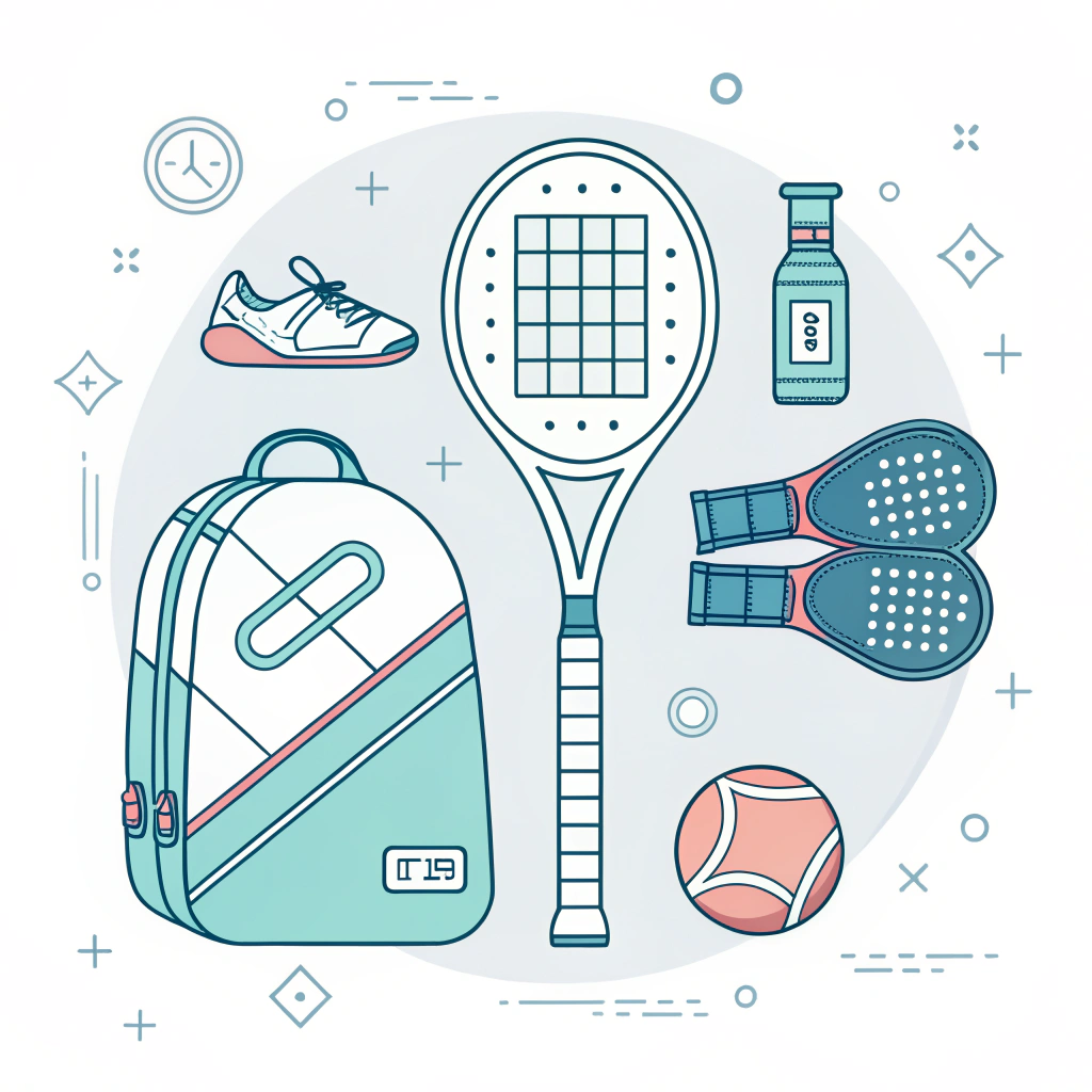 2D flat design showcasing padel accessories with minimal lines, soft colors, and technical appeal