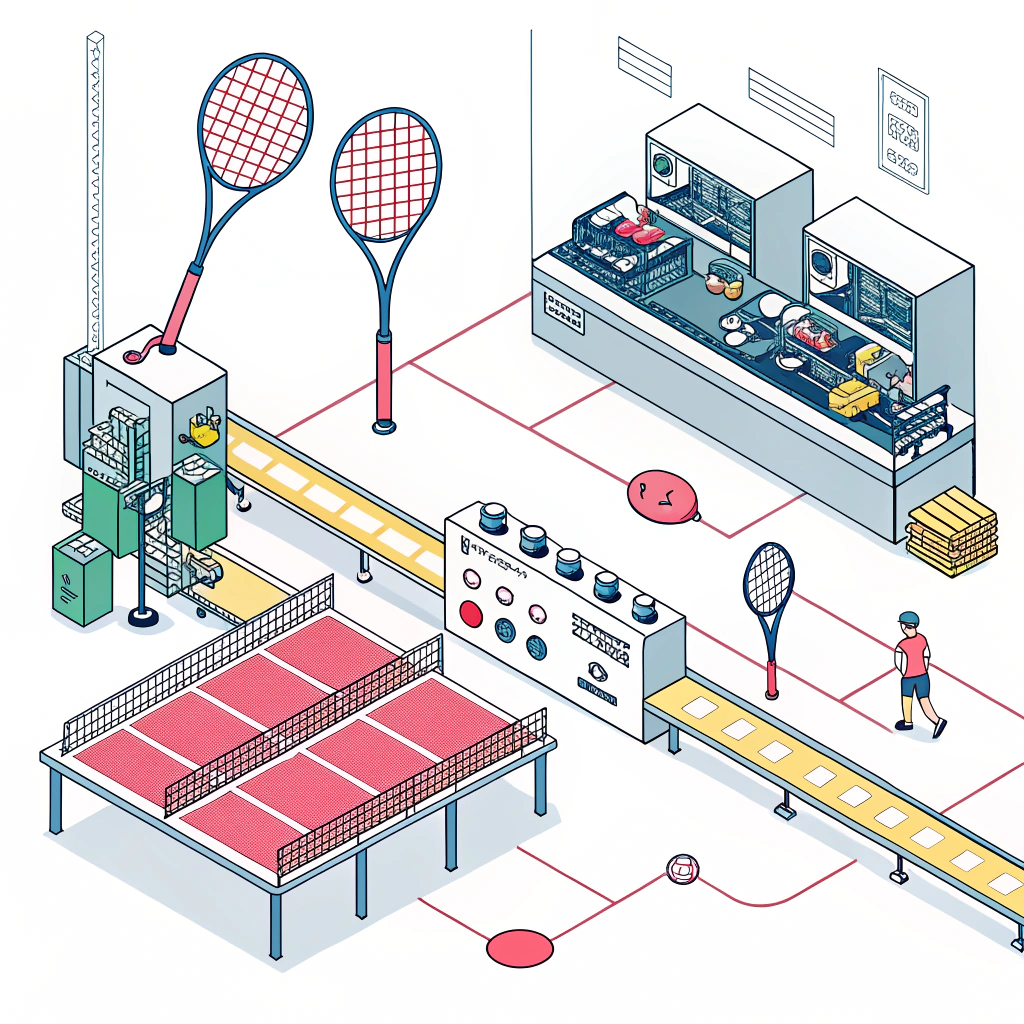 Minimal illustration of high-volume padel racket production with automation elements