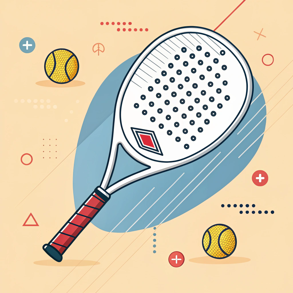 A minimalist 2D illustration depicting padel racket customization process and improved performance features.