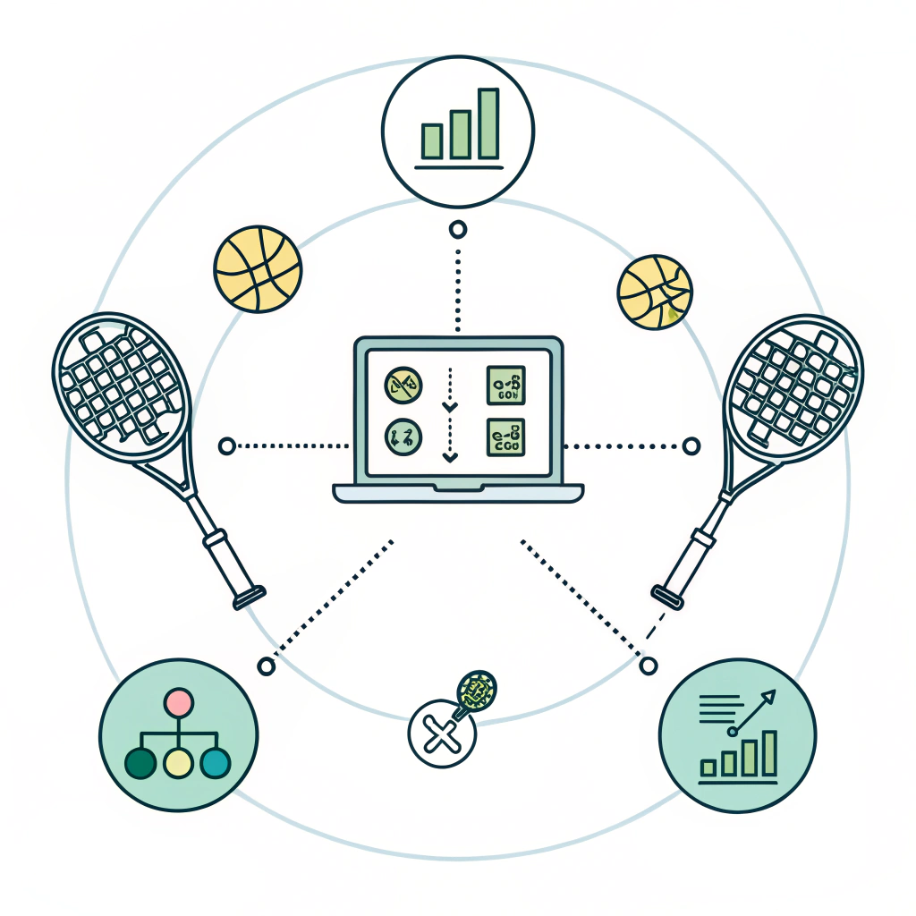 minimalist 2D illustration showing a dashboard with interconnected padel equipment icons