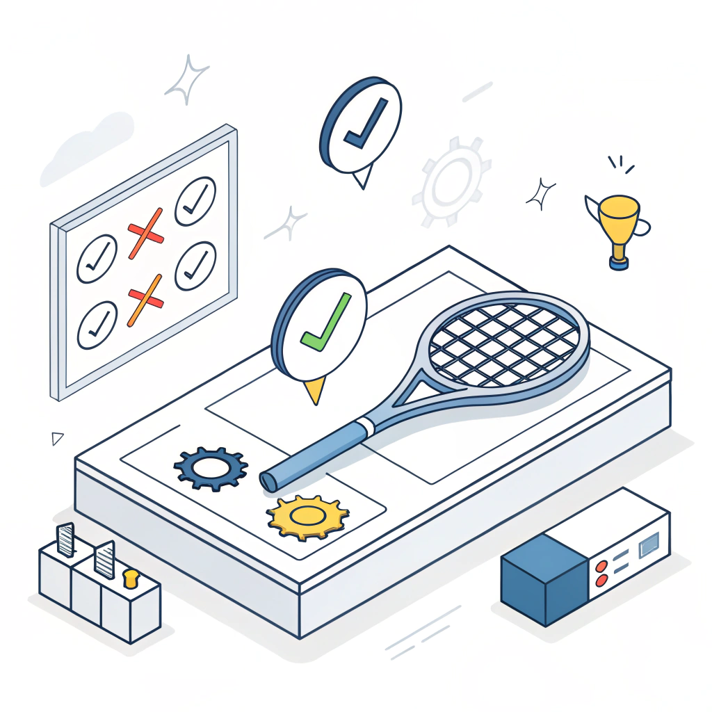 "2d minimalist illustration of padel racket inspection on a testing platform with abstract quality symbols."