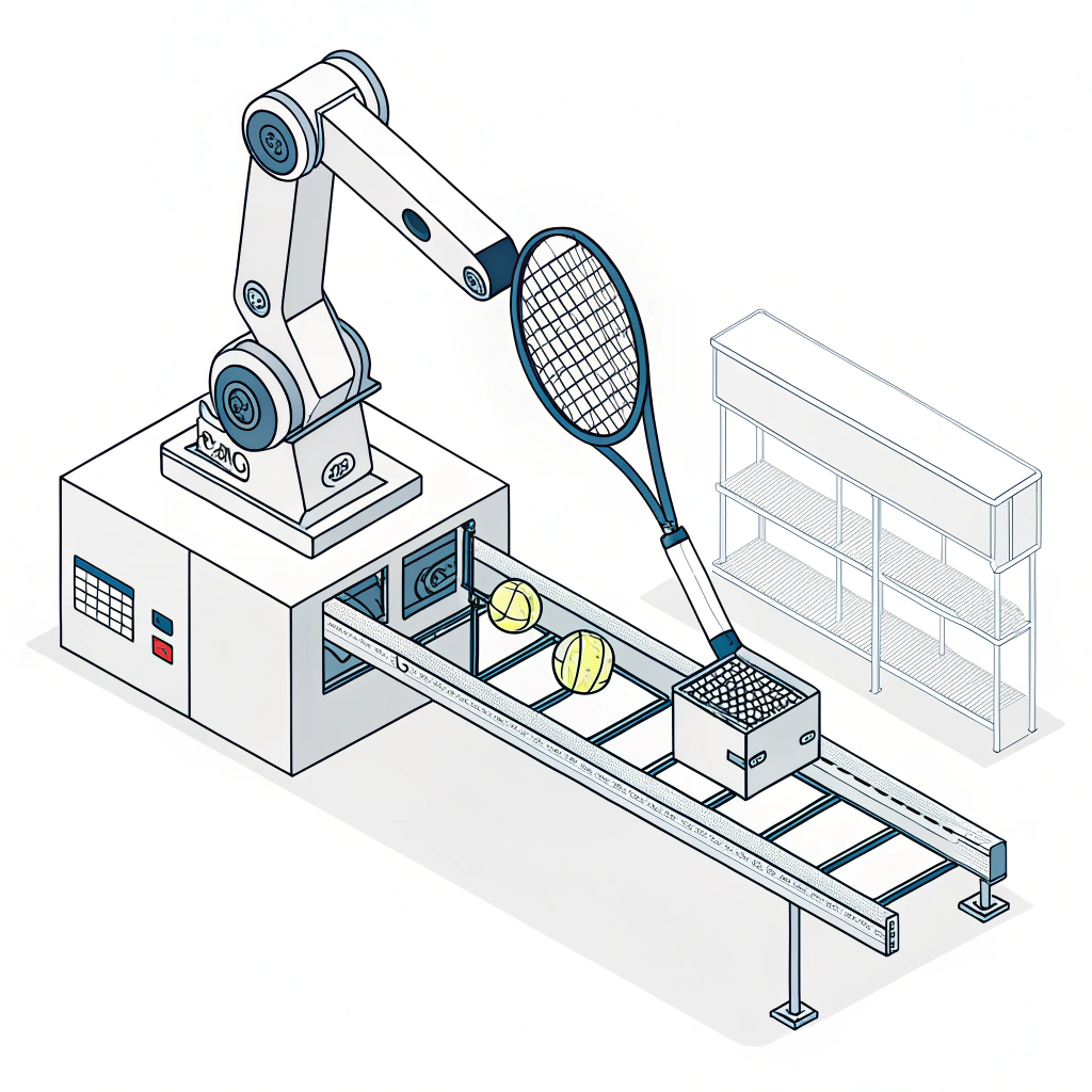 Minimal 2D illustration of a robotic arm in a precise padel racket production line.
