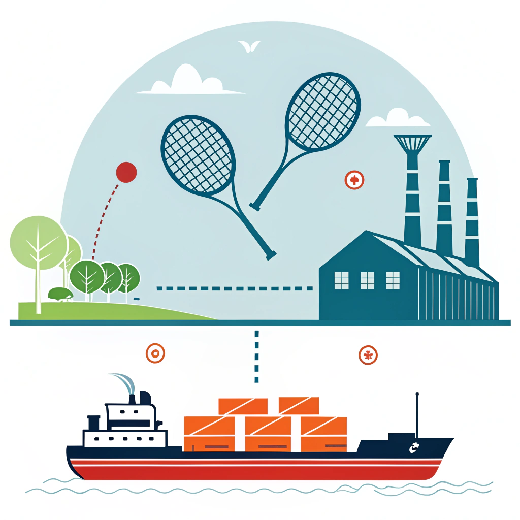 Minimal flat illustration showcasing padel sports sourcing with factory and shipping elements