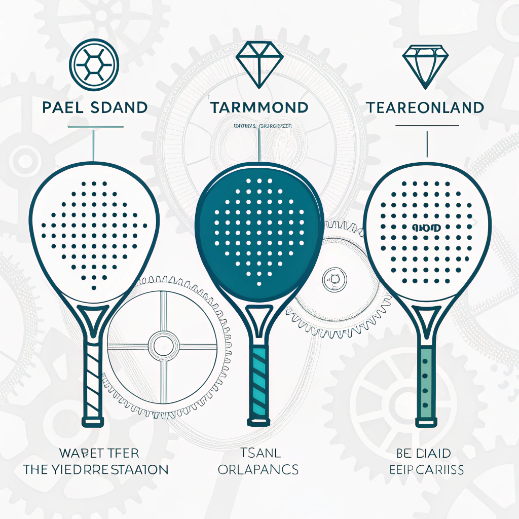 Minimalist 2D illustration of diverse padel rackets with gears representing manufacturing innovation
