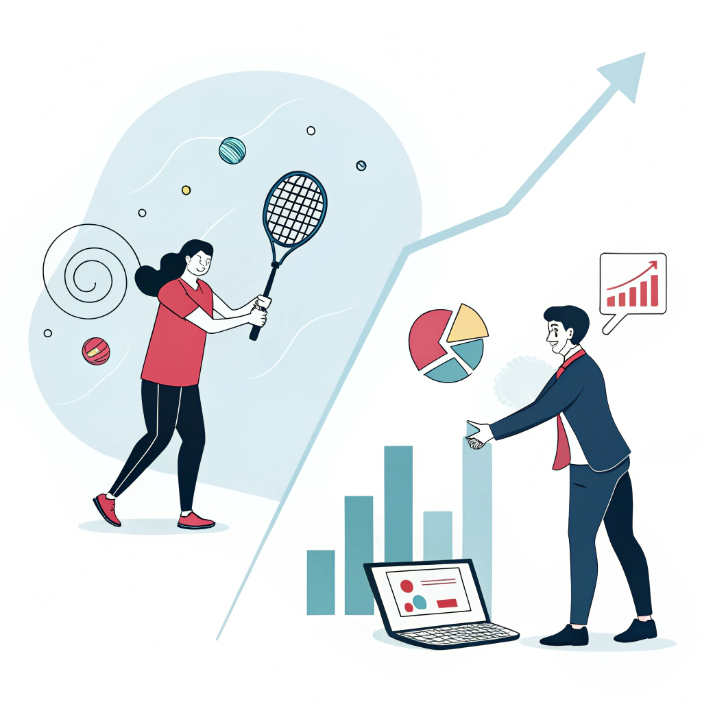 2D split scene showing padel influencer and traditional B2B marketing concepts
