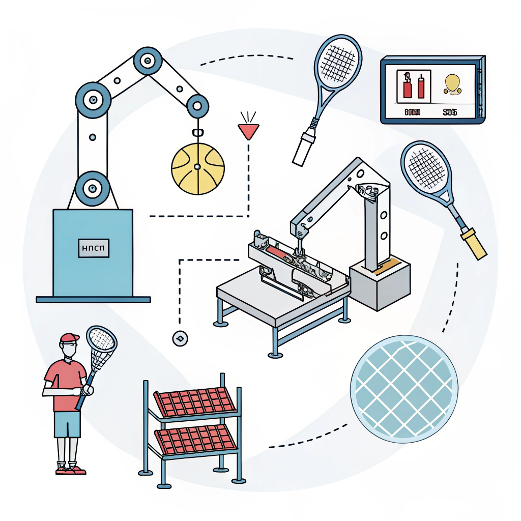 Flat minimal illustration showcasing digital production and customization of padel rackets