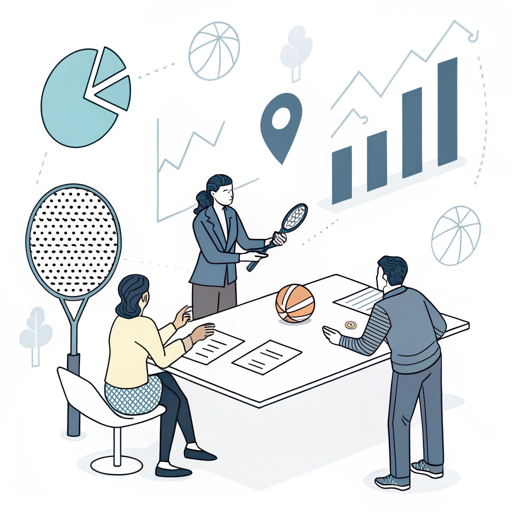 Minimalist depiction of business meeting and padel equipment signaling strategic procurement.